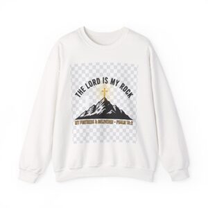 Crewneck Sweatshirt — “The Lord Is My Rock” Christian Mountain Cross Psalm 18:2 Faith Pullover