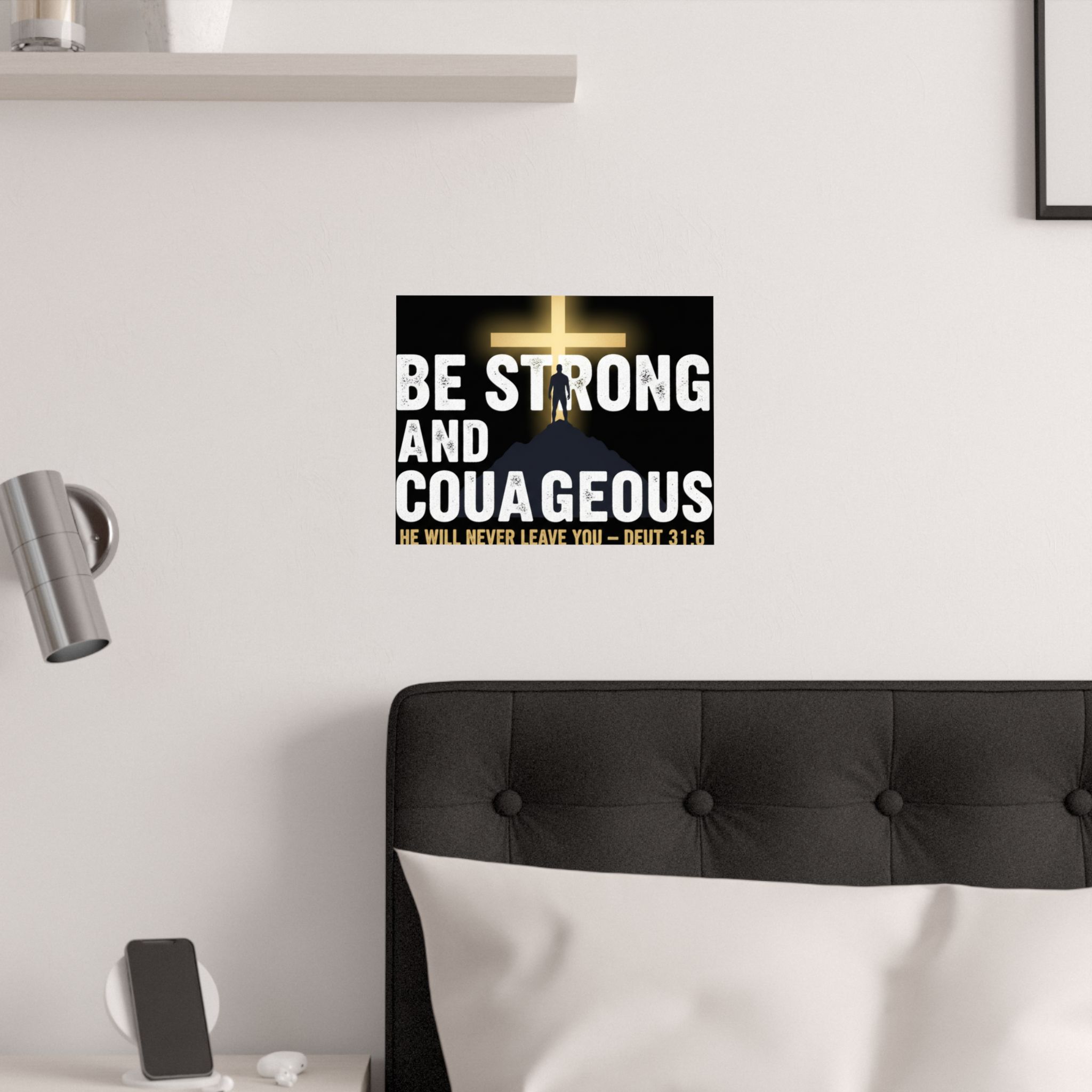 be strong and courageous satin poster — deut. 31:6 christian wall art