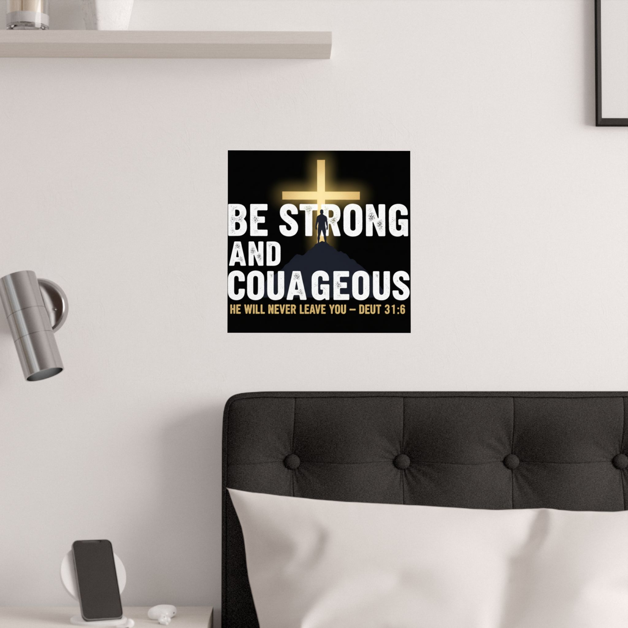 be strong and courageous satin poster — deut. 31:6 christian wall art