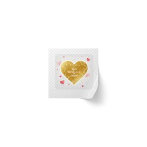 gold heart square sticker roll — "love sparkles in a heart" labels for weddings, gifts & valentines