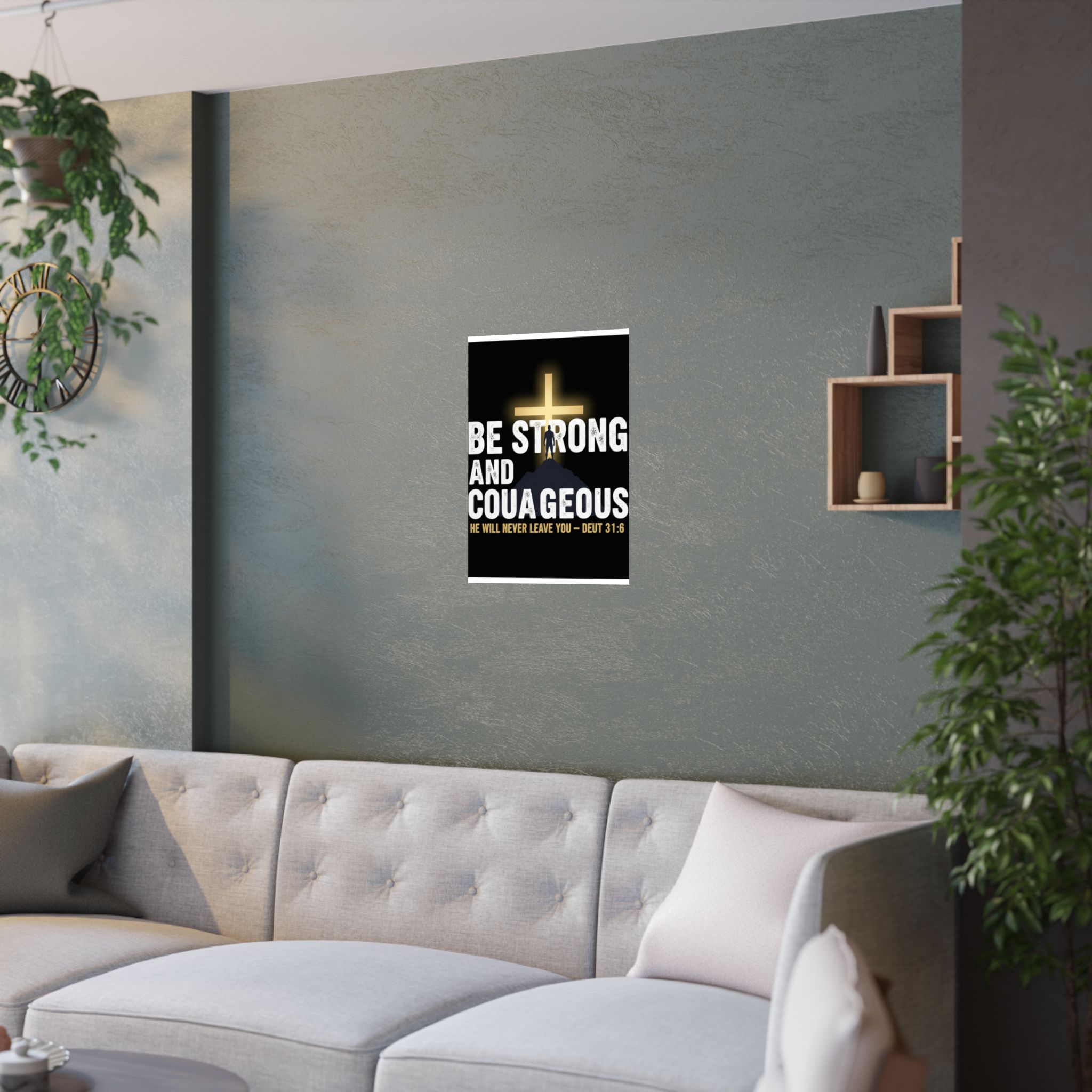 be strong and courageous satin poster — deut. 31:6 christian wall art