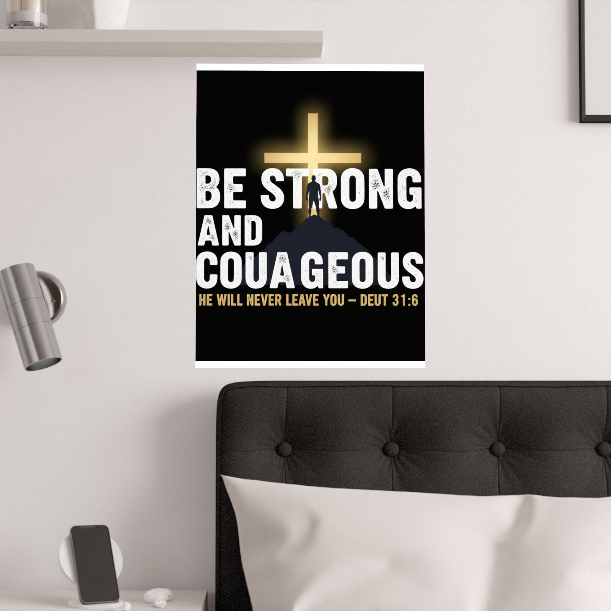 be strong and courageous satin poster — deut. 31:6 christian wall art