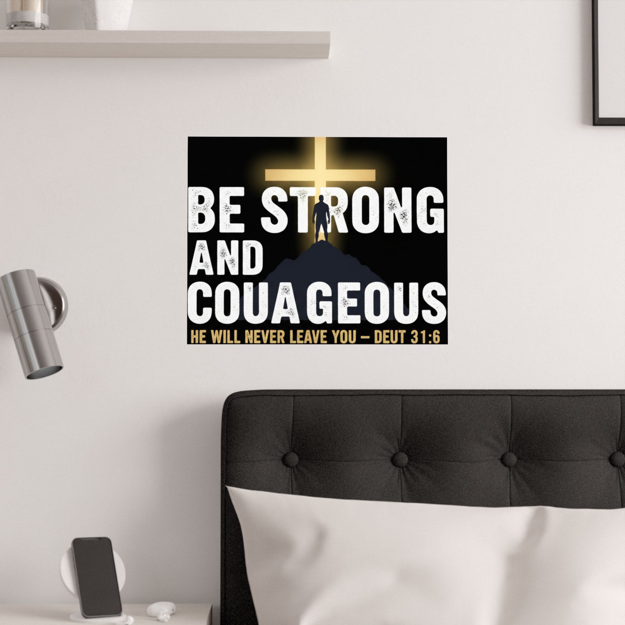 be strong and courageous satin poster — deut. 31:6 christian wall art