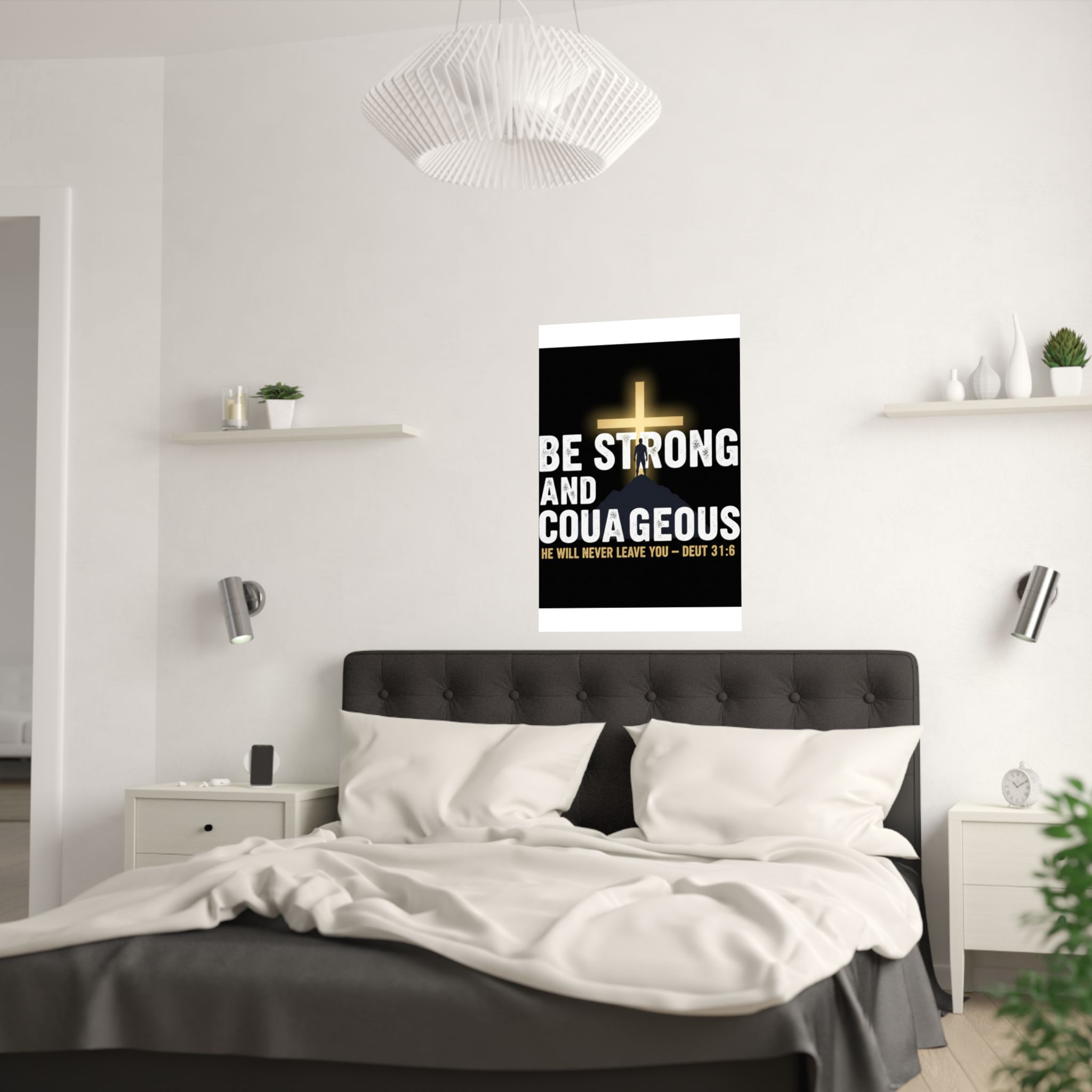be strong and courageous satin poster — deut. 31:6 christian wall art