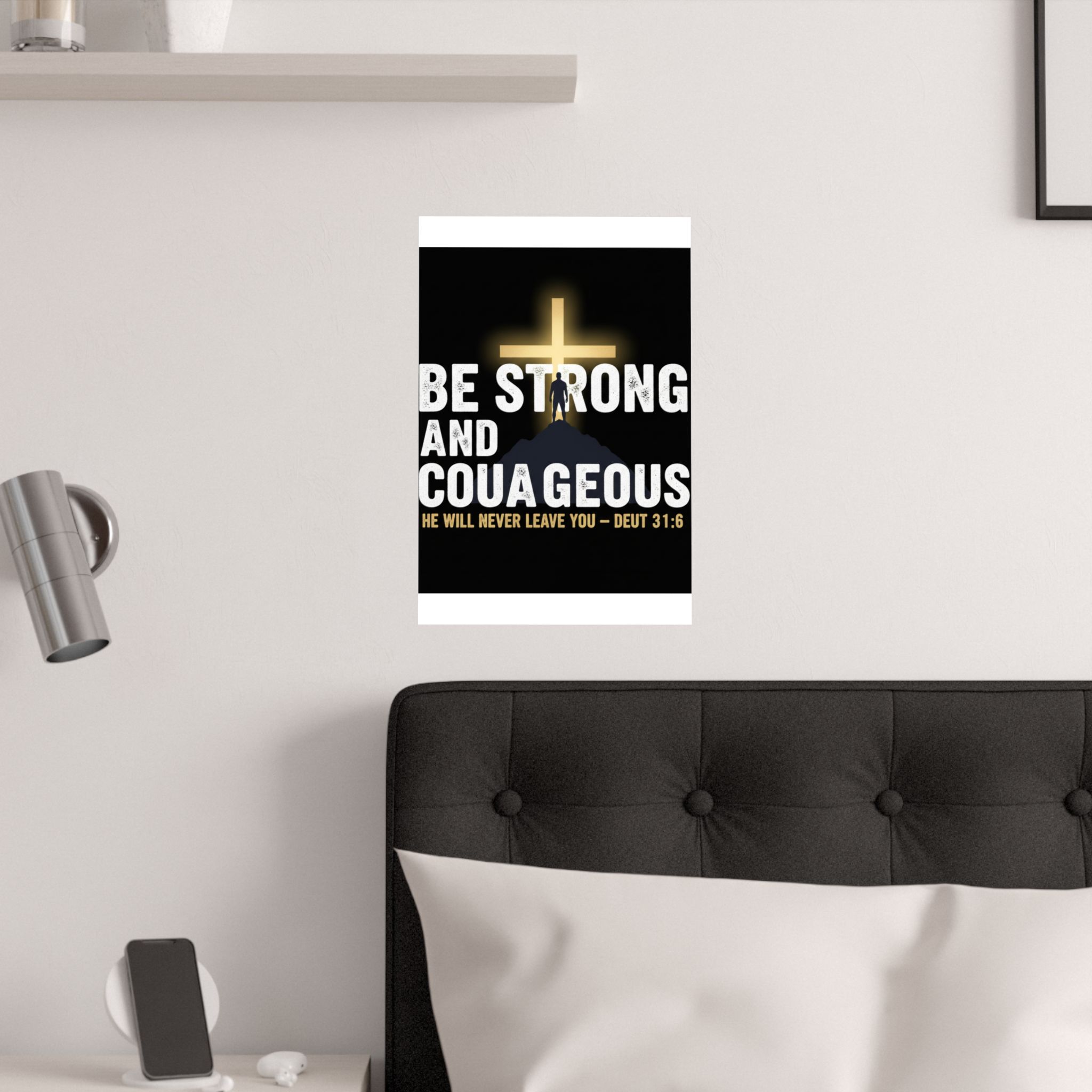 be strong and courageous satin poster — deut. 31:6 christian wall art