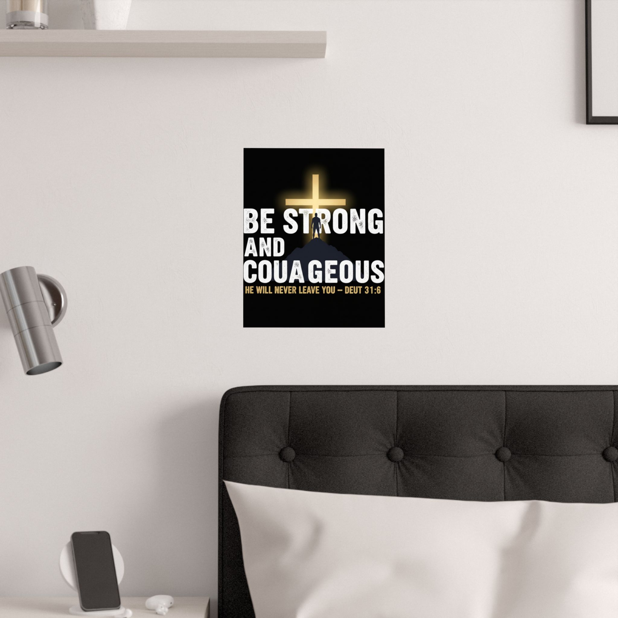 be strong and courageous satin poster — deut. 31:6 christian wall art