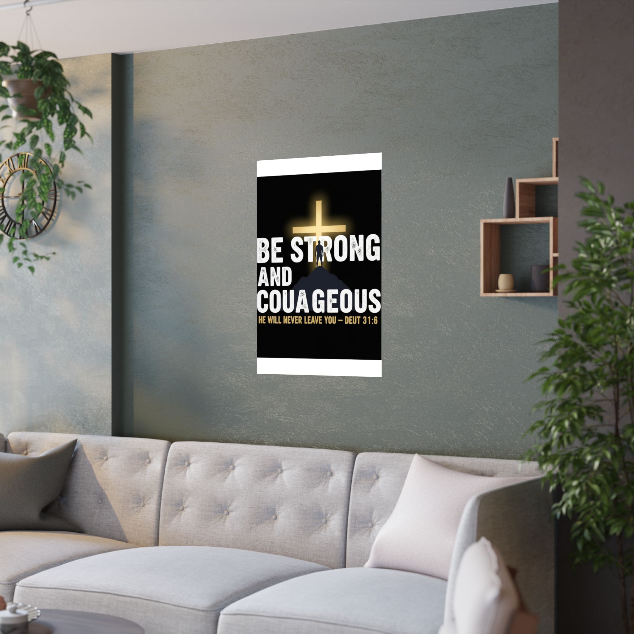 be strong and courageous satin poster — deut. 31:6 christian wall art