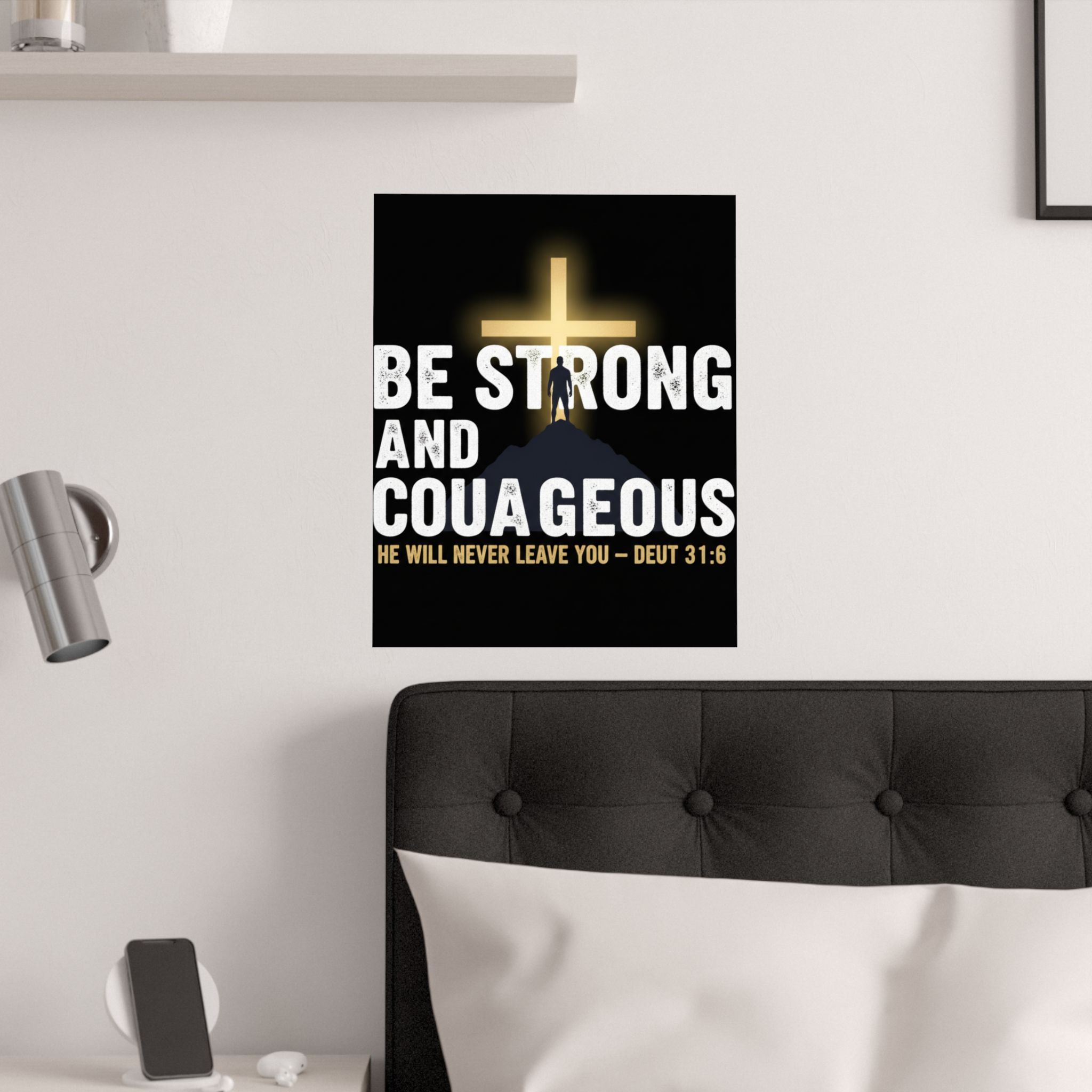 be strong and courageous satin poster — deut. 31:6 christian wall art