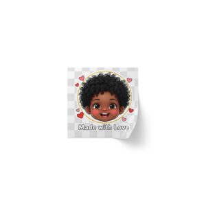 made with love square sticker roll — cute afro child face labels for packaging & gifts